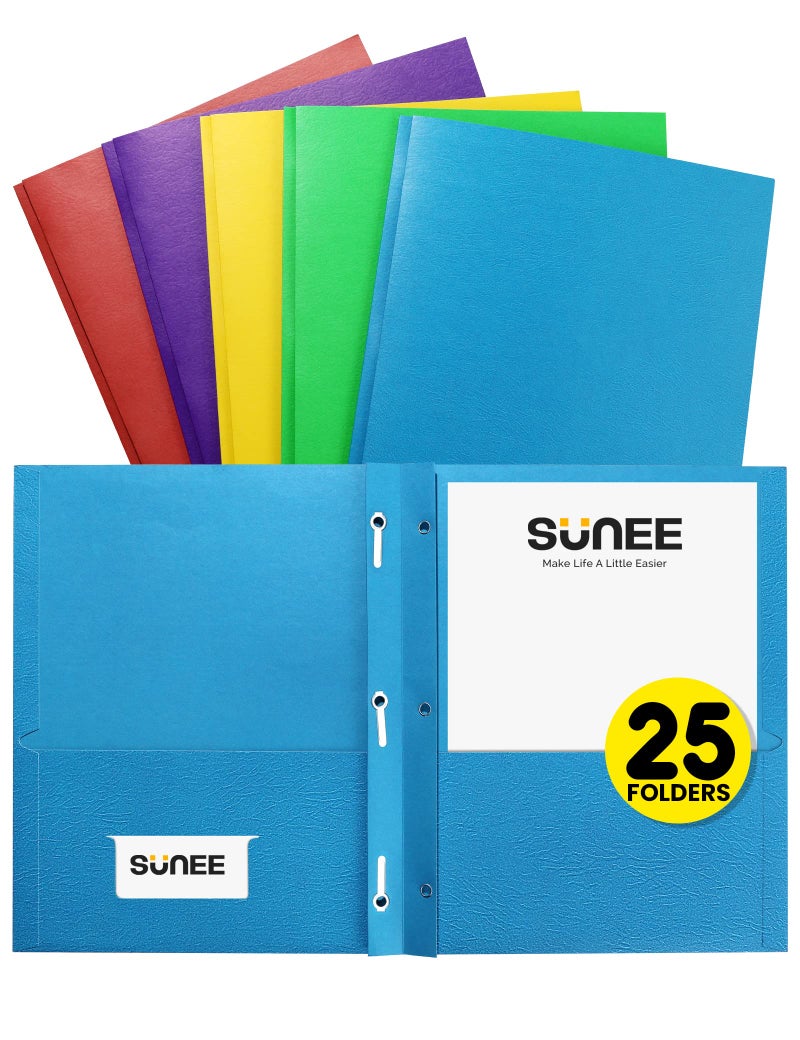 SUNEE 2 Pocket Folders with Prongs (25 Pack, Assorted Colors), Paper Folders with 2 Pockets and 3 Prongs Fit Letter Size Paper, Folders with Prongs for School Office Home Business - Image 1